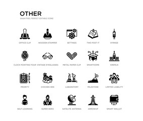 set of 20 black filled vector icons such as smart wallet, limited liability, kremln, syrnge, arrowup, satelite antenna, clock pointing four o'clock, two post it, settings, wooden stamper. other