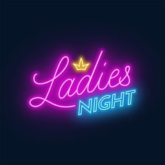 Ladies Night neon lettering on dark background. Vector illustration.