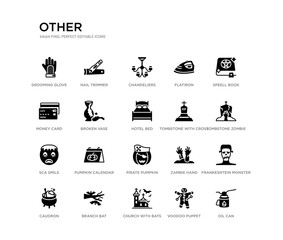 set of 20 black filled vector icons such as oil can, frankesntein monster, tombstone zombie hand, speell book, voodoo puppet, church with bats, money card, flatiron, chandeliers, nail trimmer. other