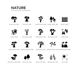 set of 20 black filled vector icons such as sun flare, snowed mountains, sunny park, picket fence, arborvitae tree, black ash tree, maple tree, silver maple sugar maple the oaks nature black icons