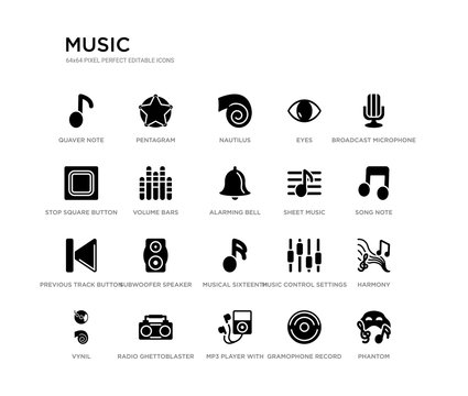 set of 20 black filled vector icons such as phantom, harmony, song note, broadcast microphone, gramophone record, mp3 player with headphones, stop square button, eyes, nautilus, pentagram. music