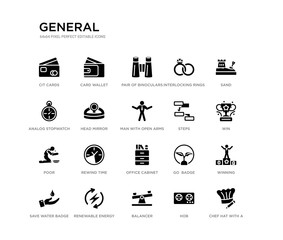 set of 20 black filled vector icons such as chef hat with a pencil, winning, win, sand, hob, balancer, analog stopwatch, interlocking rings, pair of binoculars, card wallet. general black icons