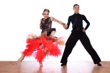 dancers in ballroom against white background