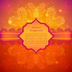 Vintage beige flowers ornament in Indian style background with ribbon and label