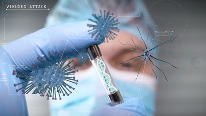 Physician, surgeon, examines a technological digital holographic represented the patient's body, the heart lungs, muscles, bones. Concept of: Futuristic medicine, Viruses, DNA, Science, Doctors.