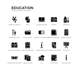 set of 20 black filled vector icons such as ballpoint pen, flip chart, adding machine, corrector, sticky note, top, experiment flask with leaves, binding, hardbound book, 3d de. education black