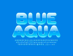 Vector stylish Sign Blue Aqua with Glossy Font. Colorful Alphabet Letters, Numbers and Symbols for Children.