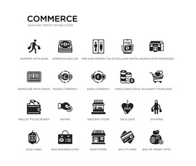 set of 20 black filled vector icons such as bag of money with dollar, shopper, solidarity purchase, woman with mortgage, big cit card, shop store, barscode with zeros, dollars digital commerce, men