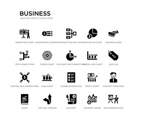 set of 20 black filled vector icons such as man presentation, man with moustach, sale tag, shaking hands, economy games, bailment, item connections, portion pie chart, connection box chart,