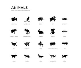 set of 20 black filled vector icons such as cow, pig, tuna, salmon, mosquito, fox, female sheep, fly, boar, kangaroo. animals black icons collection. editable pixel perfect