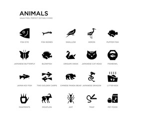 set of 20 black filled vector icons such as pet food, litter box, fishbowl, puffer fish, trap, ant, japanese butterfly, heron, swallow, fish bones. animals black icons collection. editable pixel