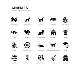 set of 20 black filled vector icons such as bee hive, grub, wise, bug on leaf, boho, documentary, carp, leopard, pit bull, chihuahua. animals black icons collection. editable pixel perfect