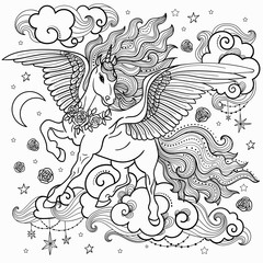 Beautiful unicorn with a long mane. Black and White. For coloring. For the design of graphic prints, illustrations.Vector © Zerlina