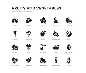 set of 20 black filled vector icons such as corn, artichoke, kiwi, mangosteen, horseradish, carambola, radish, rose apple, berry, potato. fruits and vegetables black icons collection. editable pixel - obrazy, fototapety, plakaty
