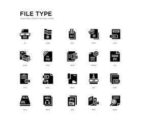 set of 20 black filled vector icons such as doc, pdf, py, csv, ppt, jpg, rar, tiff, avi, c4d. file type black icons collection. editable pixel perfect