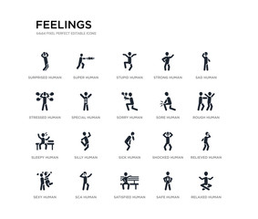 set of 20 black filled vector icons such as relaxed human, relieved human, rough human, sad safe satisfied stressed strong stupid super feelings black icons collection. editable pixel perfect