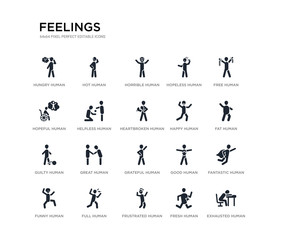 set of 20 black filled vector icons such as exhausted human, fantastic human, fat human, free fresh frustrated hopeful hopeless horrible hot feelings black icons collection. editable pixel perfect
