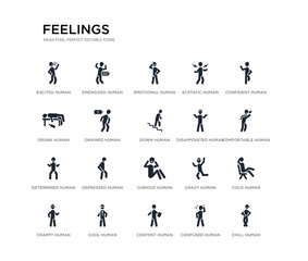 set of 20 black filled vector icons such as chill human, cold human, comfortable human, confident confused content drunk ecstatic emotional energized feelings black icons collection. editable pixel