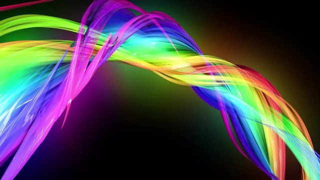4k colorful looped animation of a rainbow colors tape with neon light moving in a circle as abstract background with lines and ribbons. Luma matte is included as alpha channel for compositing. 6