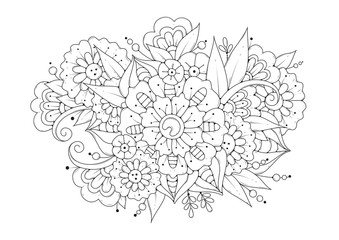 Hand drawn backdrop. Coloring book, page for adult and older children. Black and white abstract floral pattern. Vector illustration. Design for meditation.