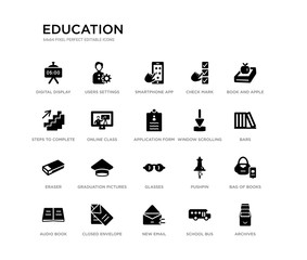 set of 20 black filled vector icons such as archives, bag of books, bars, book and apple, school bus, new email, steps to complete, check mark, smartphone app, users settings. education black icons