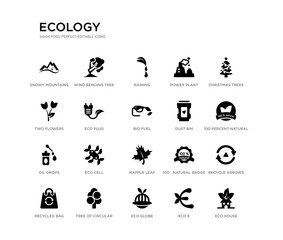 set of 20 black filled vector icons such as eco house, recycle arrows, 100 percent natural, christmas trees, eco e, eco globe, two flowers, power plant, raining, wind bending tree. ecology black