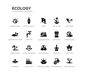 set of 20 black filled vector icons such as tree and roots, recycling, globe on hand, eco power, eco power cells, ecological energy source, raindrop on a hand, tree of love, house, recycled bottle.