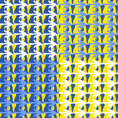 Set of geometric seamless patterns with yellow and blue tropical sea fish. Vector illustration.