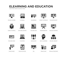 set of 20 black filled vector icons such as online coaching, online library, online training, paleontology, pencil box, qa, video tutorial, video tutorials, elearning, tutorial. elearning and
