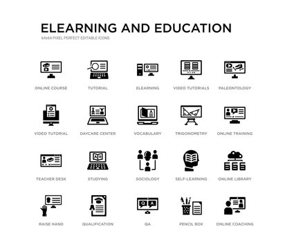 set of 20 black filled vector icons such as online coaching, online library, online training, paleontology, pencil box, qa, video tutorial, video tutorials, elearning, tutorial. elearning and
