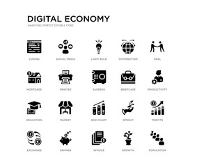 set of 20 black filled vector icons such as population, profits, productivity, deal, growth, invoice, mortgage, distribution, light bulb, social media. digital economy black icons collection.