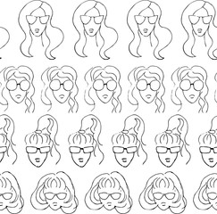 Girls in glasses,. Seamless pattern of woman's faces. Doodle, vector sketch.