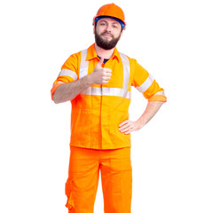 Man worker road constructor smiling looking on white background isolation