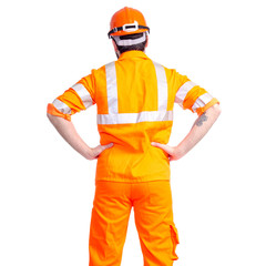 Man worker road constructor looking on white background isolation, back view