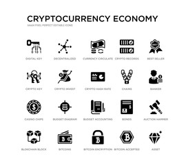 set of 20 black filled vector icons such as asset, auction hammer, banker, best seller, bitcoin accepted, bitcoin encryption, crypto key, crypto records, currency circulate, decentralized.