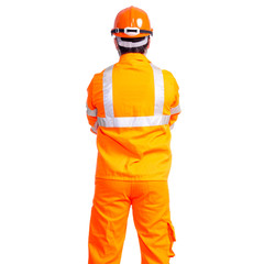 Man worker road constructor looking on white background isolation, back view