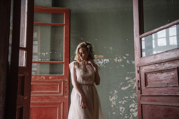 Young woman posing in a pink tender light long dress indoors