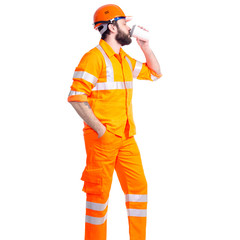 Man worker road constructor relax, drink cup of coffee on white background isolation