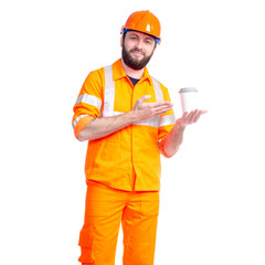 Man worker road constructor relax, drink cup of coffee on white background isolation