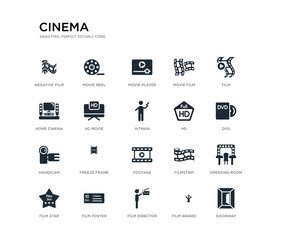 set of 20 black filled vector icons such as doorway, dressing room, dvd, film, film award, film director, home cinema, movie movie player, movie reel. cinema black icons collection. editable pixel