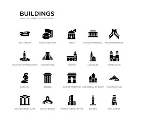 set of 20 black filled vector icons such as pisa tower, fuji mountain, notre dame, brooklyn bridge, big ben, world trade center, washington monument, lincoln memorial, space, toilet side view. © Meth Mehr