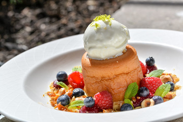 pancakes with ice cream and berries