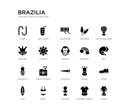 set of 20 black filled vector icons such as trophy, shoes, sea, hot air balloon, football jersey, dancer, costume, feathers, xylophone, soft drink. brazilia black icons collection. editable pixel