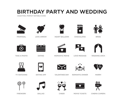 set of 20 black filled vector icons such as cinema camera, marry, wedding arch, bride, movie tickets, cheer, take a photo, chocolates, heart balloon, love arrow. birthday party and wedding black