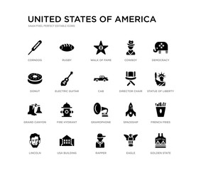 set of 20 black filled vector icons such as golden state, french fries, statue of liberty, democracy, eagle, rapper, donut, cowboy, walk of fame, rugby. united states america black icons collection.