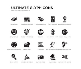 set of 20 black filled vector icons such as flower with leaves, ear with sound bar, big and small dots, big map placeholder, alarm bell, clothes label, smiling face, call contact, message ballon,