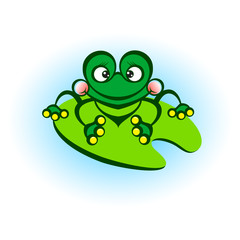 Cute Green Frog in Caricature Cartoon Style on the Green Leaf. Funny Animal for Children. Cartoon Character