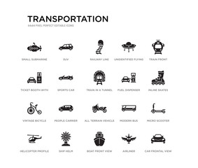 set of 20 black filled vector icons such as car frontal view, micro scooter, inline skates, train front, airliner, boat front view, ticket booth with cross, unidentified flying object, railway line,