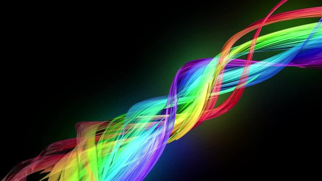 4k colorful looped animation of a rainbow colors tape with neon light moving in a circle as abstract background with lines and ribbons. Luma matte is included as alpha channel for compositing. 9