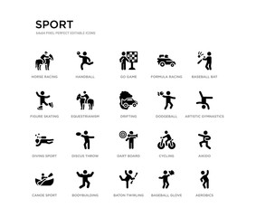 set of 20 black filled vector icons such as aerobics, aikido, artistic gymnastics, baseball bat, baseball glove, baton twirling, figure skating, formula racing, go game, handball. sport black icons
